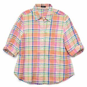 Jones New York Multicolor Plaid Linen Button Down Shirt 3X NWT Roll-Tab Sleeves